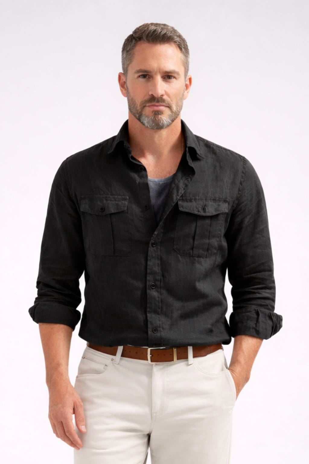 Men's Long Sleeve Cotton Linen Casual Shirt with Double Chest Pockets for Everyday Wear