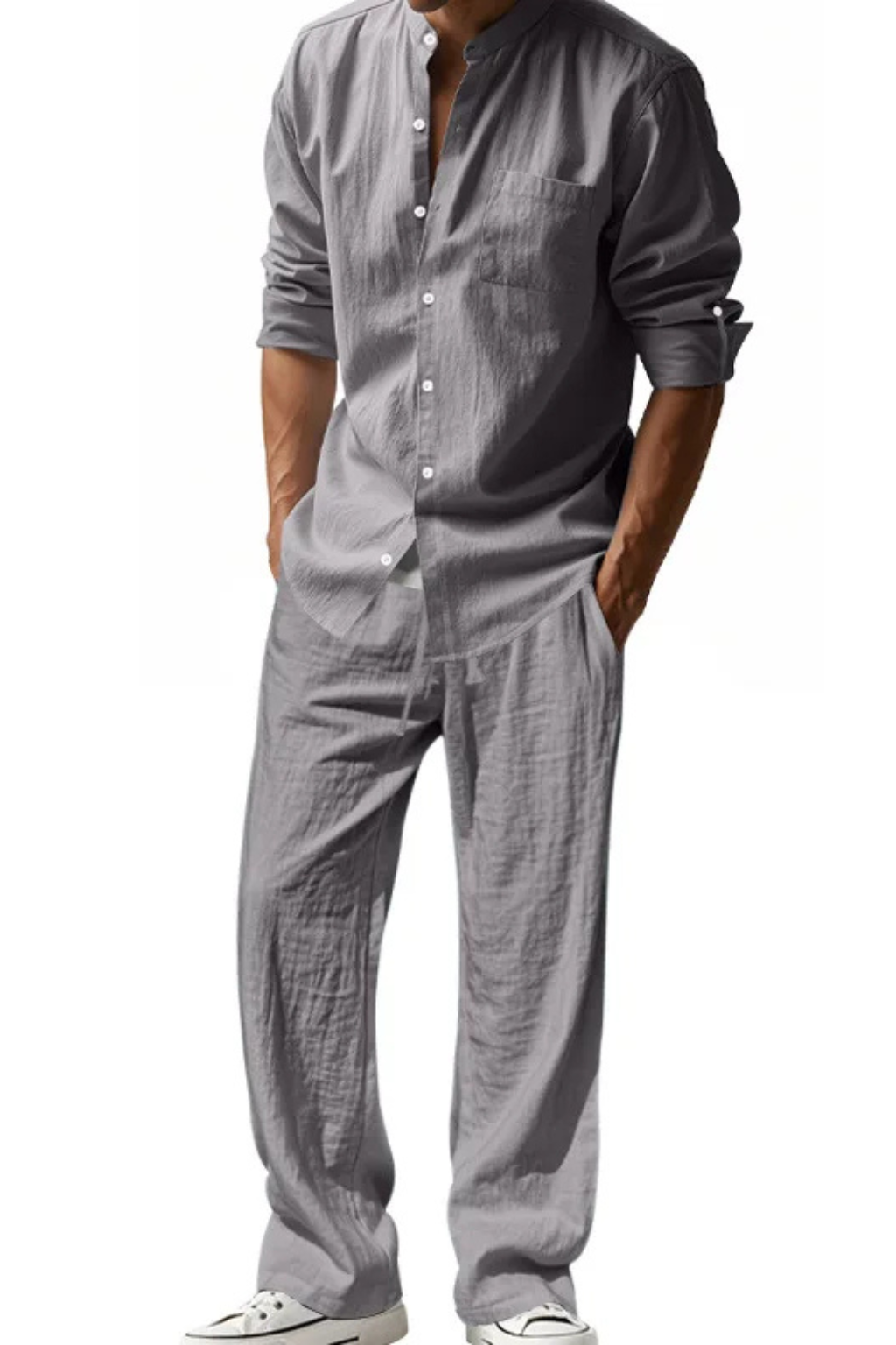 Men's Long Sleeve Linen Grandad Collar Shirt and Straight Leg Trousers Set for Casual Wear
