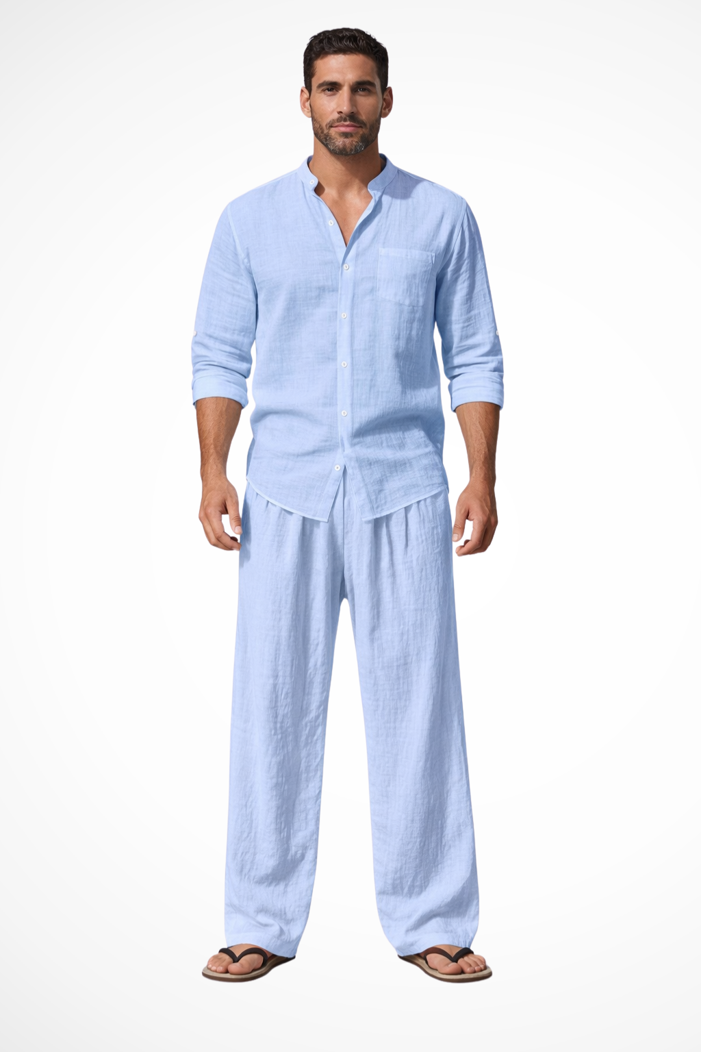 Men's Long Sleeve Linen Grandad Collar Shirt and Straight Leg Trousers Set for Casual Wear