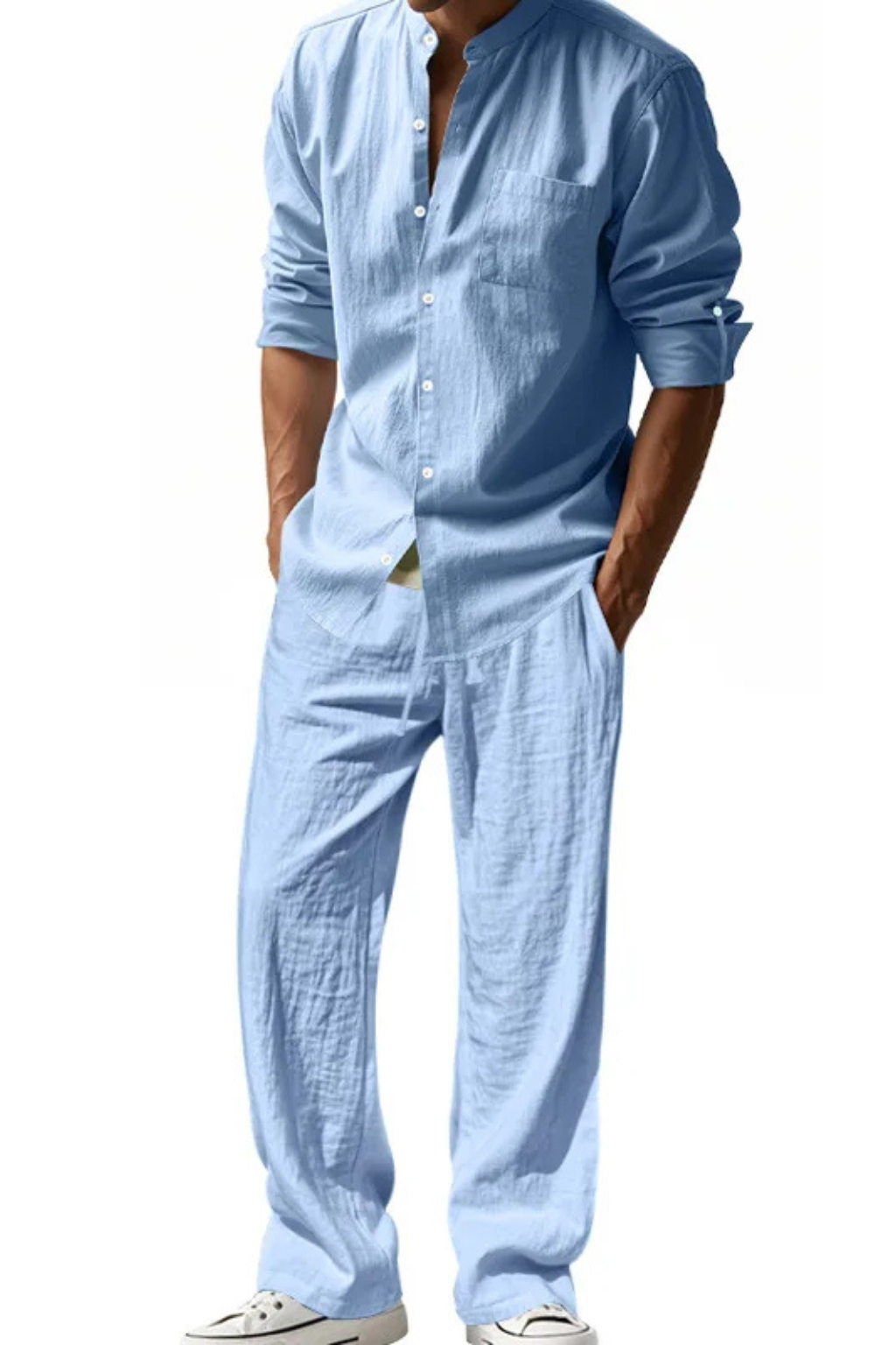 Men's Long Sleeve Linen Grandad Collar Shirt and Straight Leg Trousers Set for Casual Wear