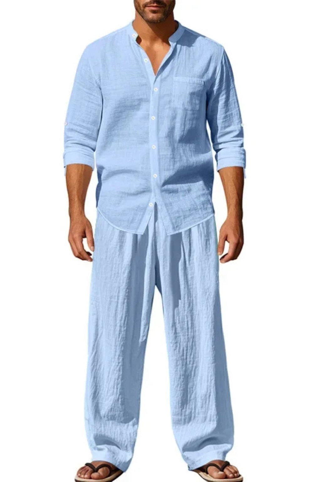 Men's Long Sleeve Linen Grandad Collar Shirt and Straight Leg Trousers Set for Casual Wear
