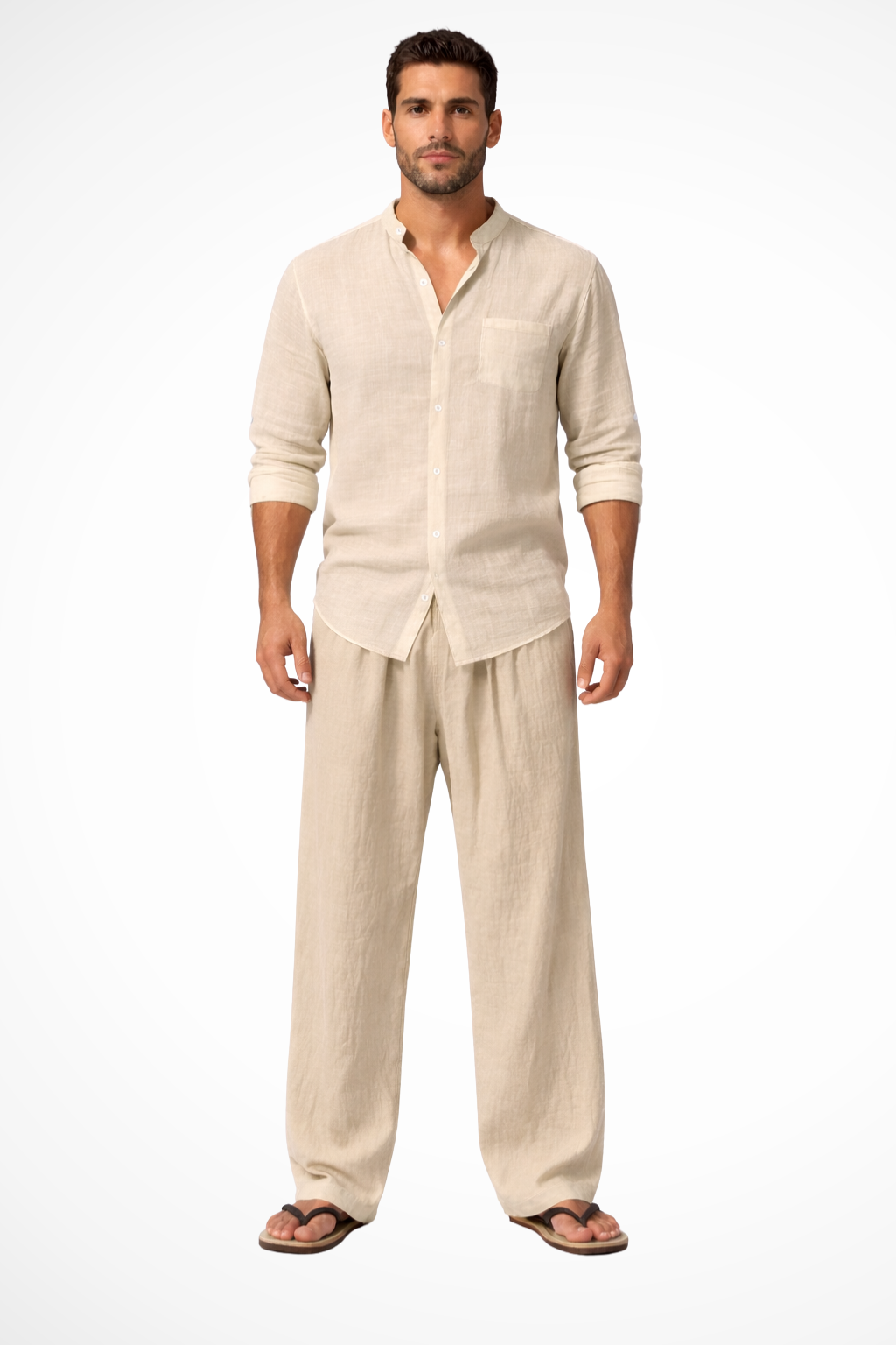 Men's Long Sleeve Linen Grandad Collar Shirt and Straight Leg Trousers Set for Casual Wear
