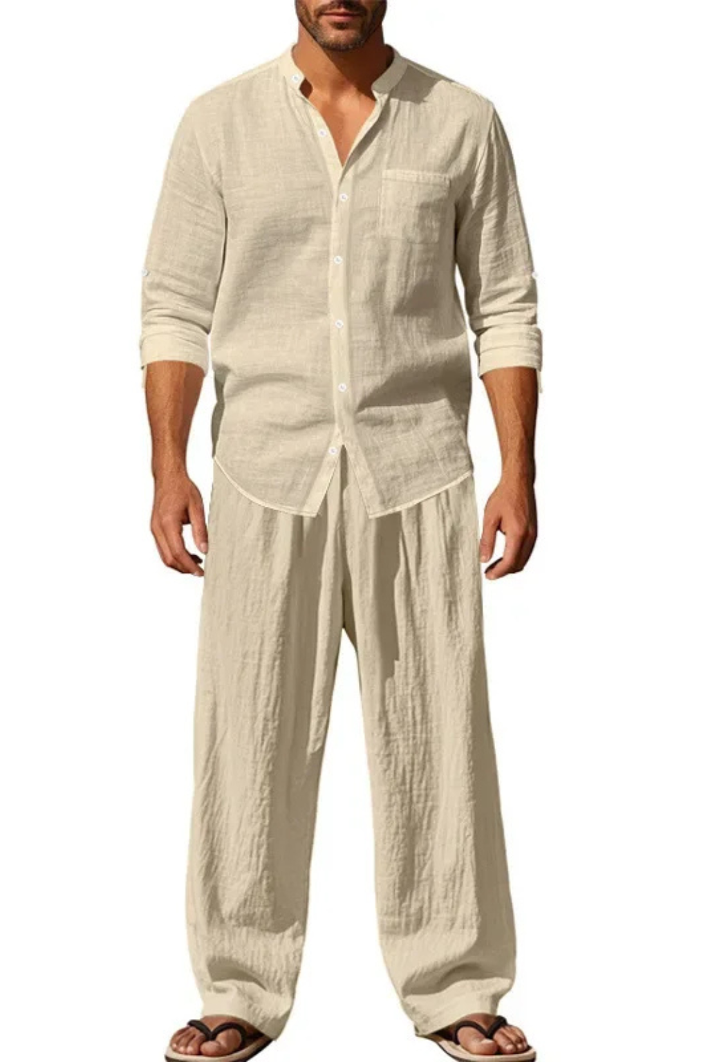 Men's Long Sleeve Linen Grandad Collar Shirt and Straight Leg Trousers Set for Casual Wear