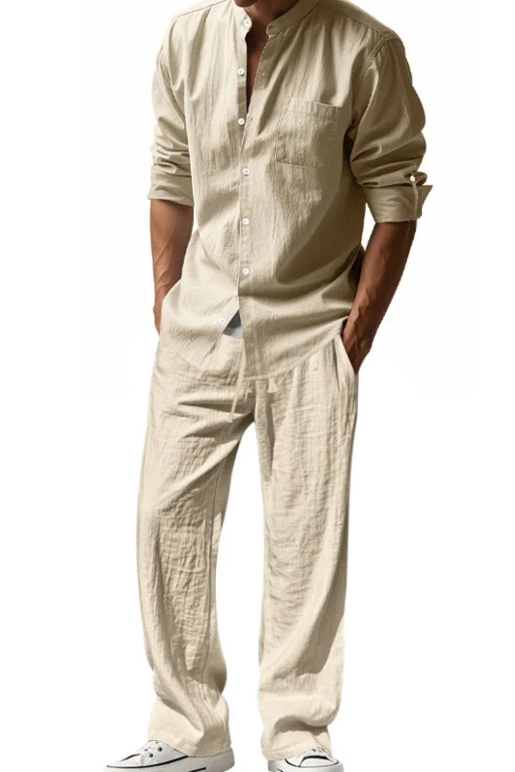 Men's Long Sleeve Linen Grandad Collar Shirt and Straight Leg Trousers Set for Casual Wear