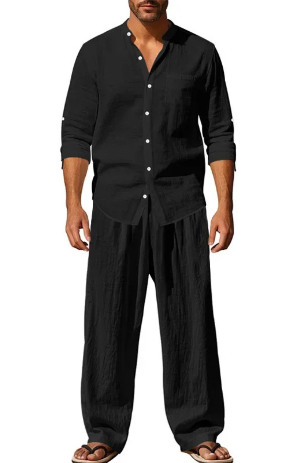 Men's Long Sleeve Linen Grandad Collar Shirt and Straight Leg Trousers Set for Casual Wear