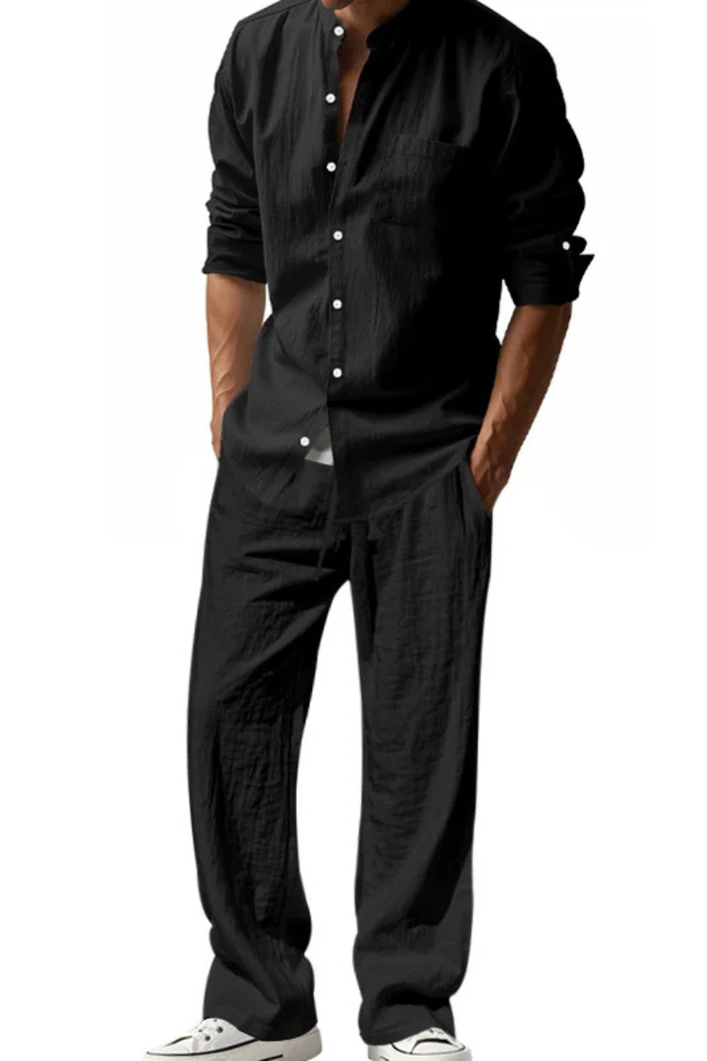Men's Long Sleeve Linen Grandad Collar Shirt and Straight Leg Trousers Set for Casual Wear