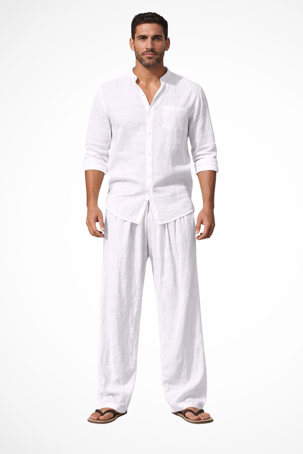 Men's Long Sleeve Linen Grandad Collar Shirt and Straight Leg Trousers Set for Casual Wear