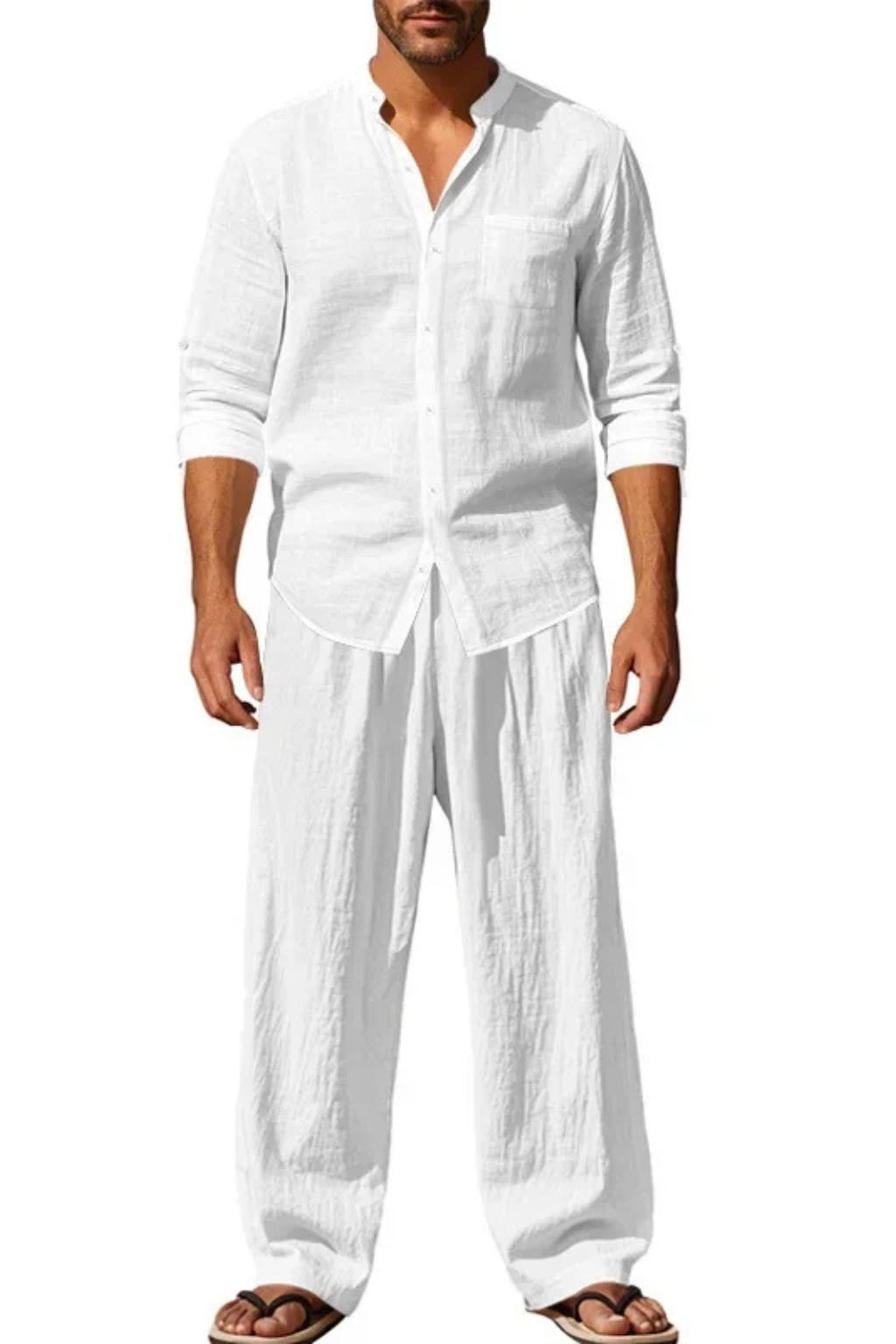Men's Long Sleeve Linen Grandad Collar Shirt and Straight Leg Trousers Set for Casual Wear