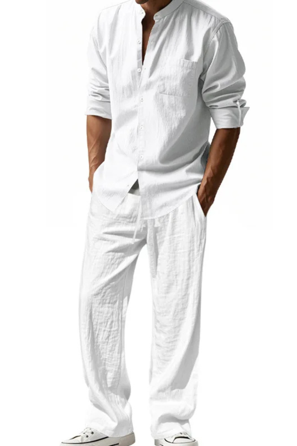 Men's Long Sleeve Linen Grandad Collar Shirt and Straight Leg Trousers Set for Casual Wear