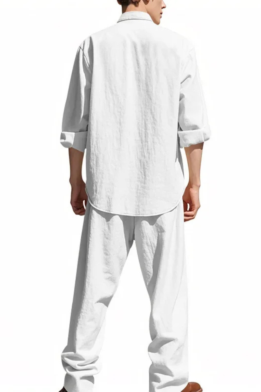Men's Long Sleeve Linen Grandad Collar Shirt and Straight Leg Trousers Set for Casual Wear