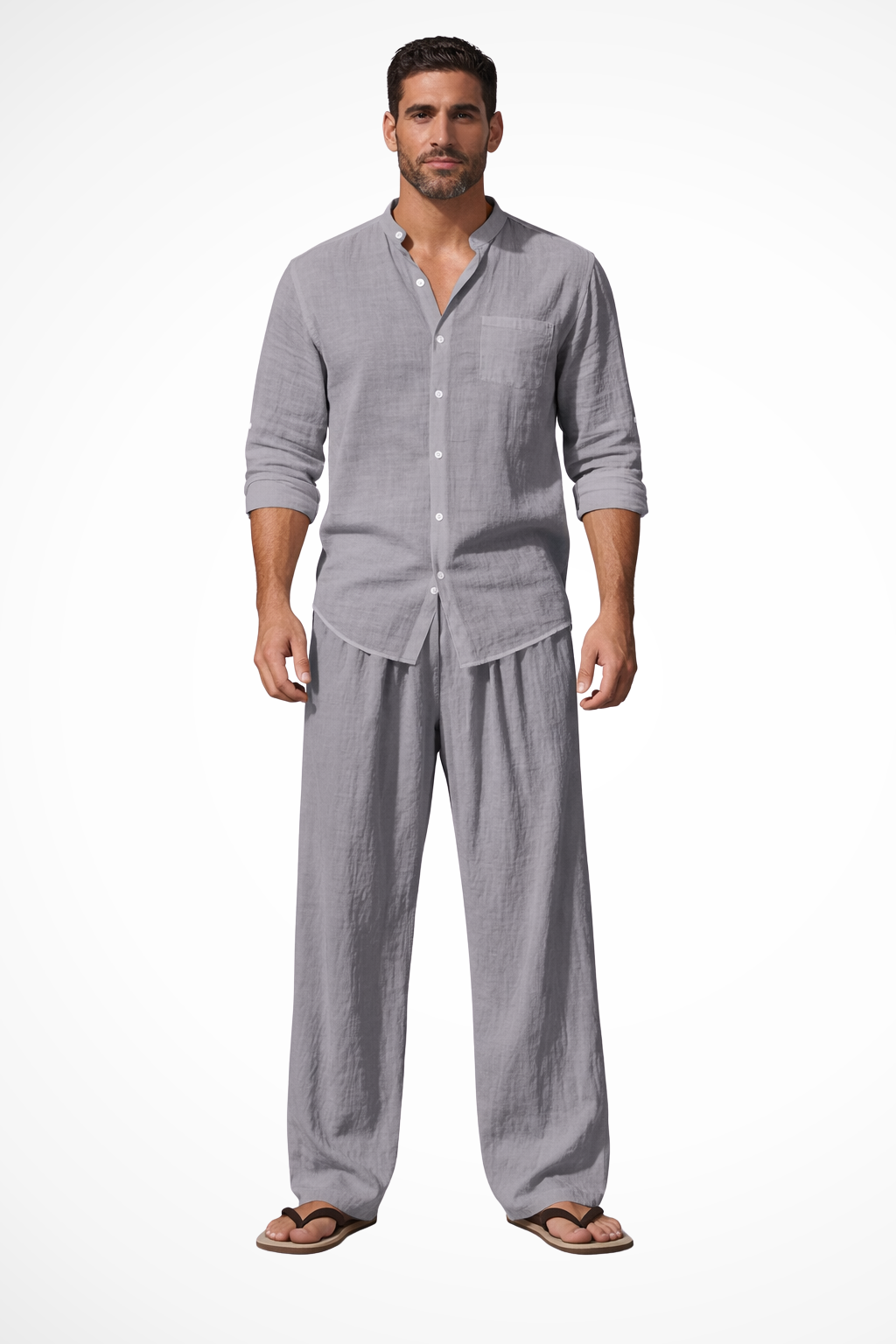 Men's Long Sleeve Linen Grandad Collar Shirt and Straight Leg Trousers Set for Casual Wear
