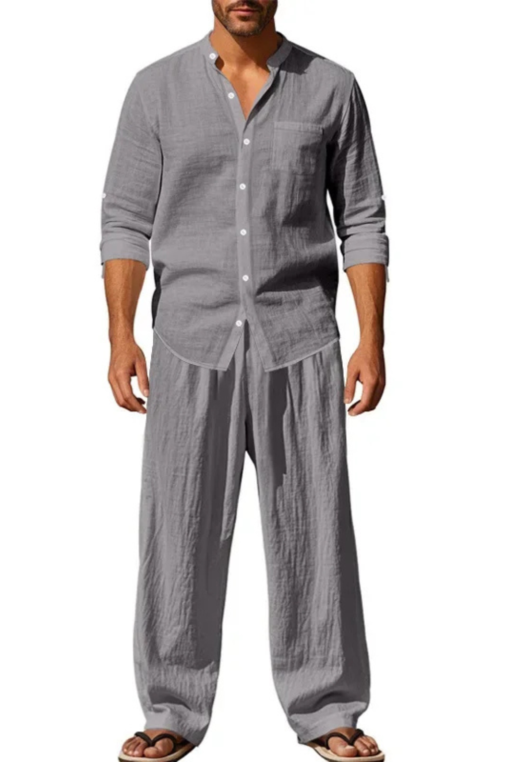 Men's Long Sleeve Linen Grandad Collar Shirt and Straight Leg Trousers Set for Casual Wear
