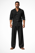 Men's Long Sleeve Linen Grandad Collar Shirt and Straight Leg Trousers Set for Casual Wear