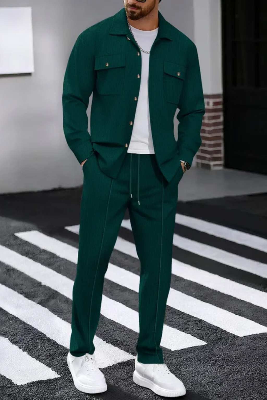 Men's Long Sleeve Overshirt with Chest Pocket and Straight Leg Trousers Set - Casual Style for Everyday Wear