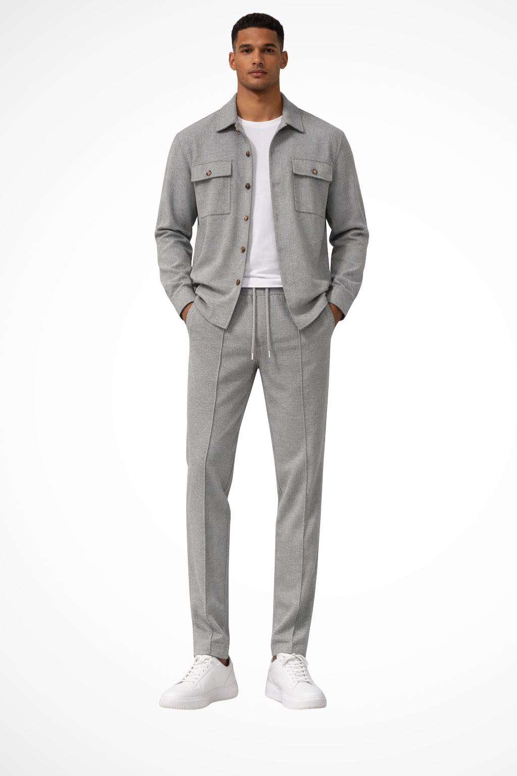 Men's Long Sleeve Overshirt with Chest Pocket and Straight Leg Trousers Set - Casual Style for Everyday Wear