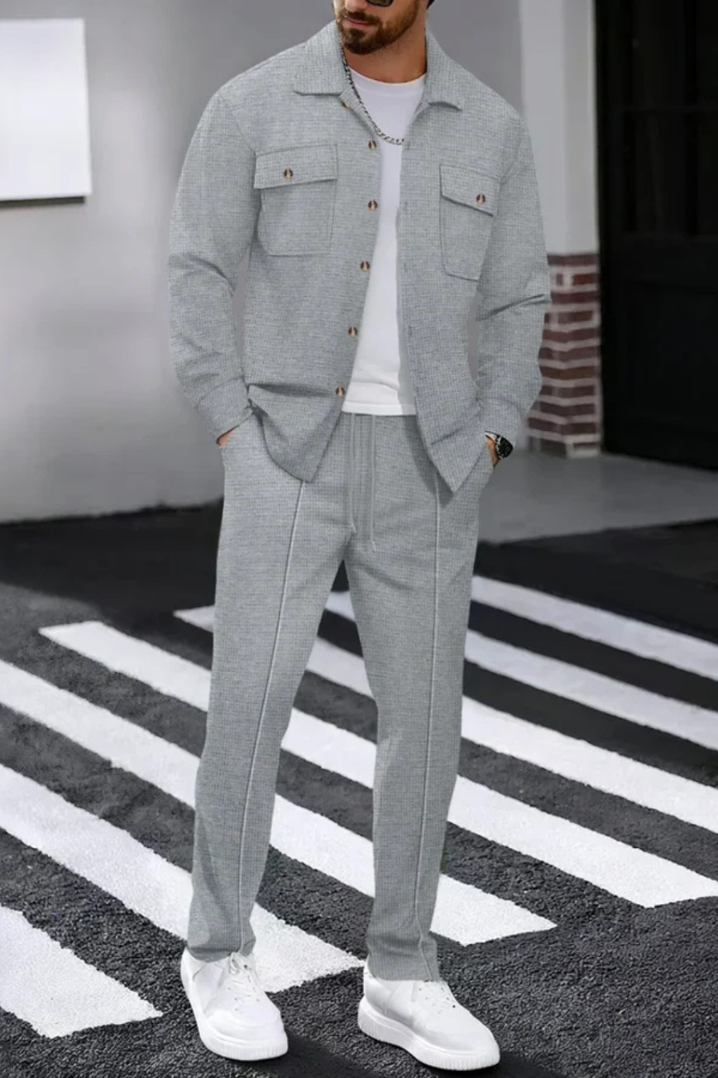 Men's Long Sleeve Overshirt with Chest Pocket and Straight Leg Trousers Set - Casual Style for Everyday Wear