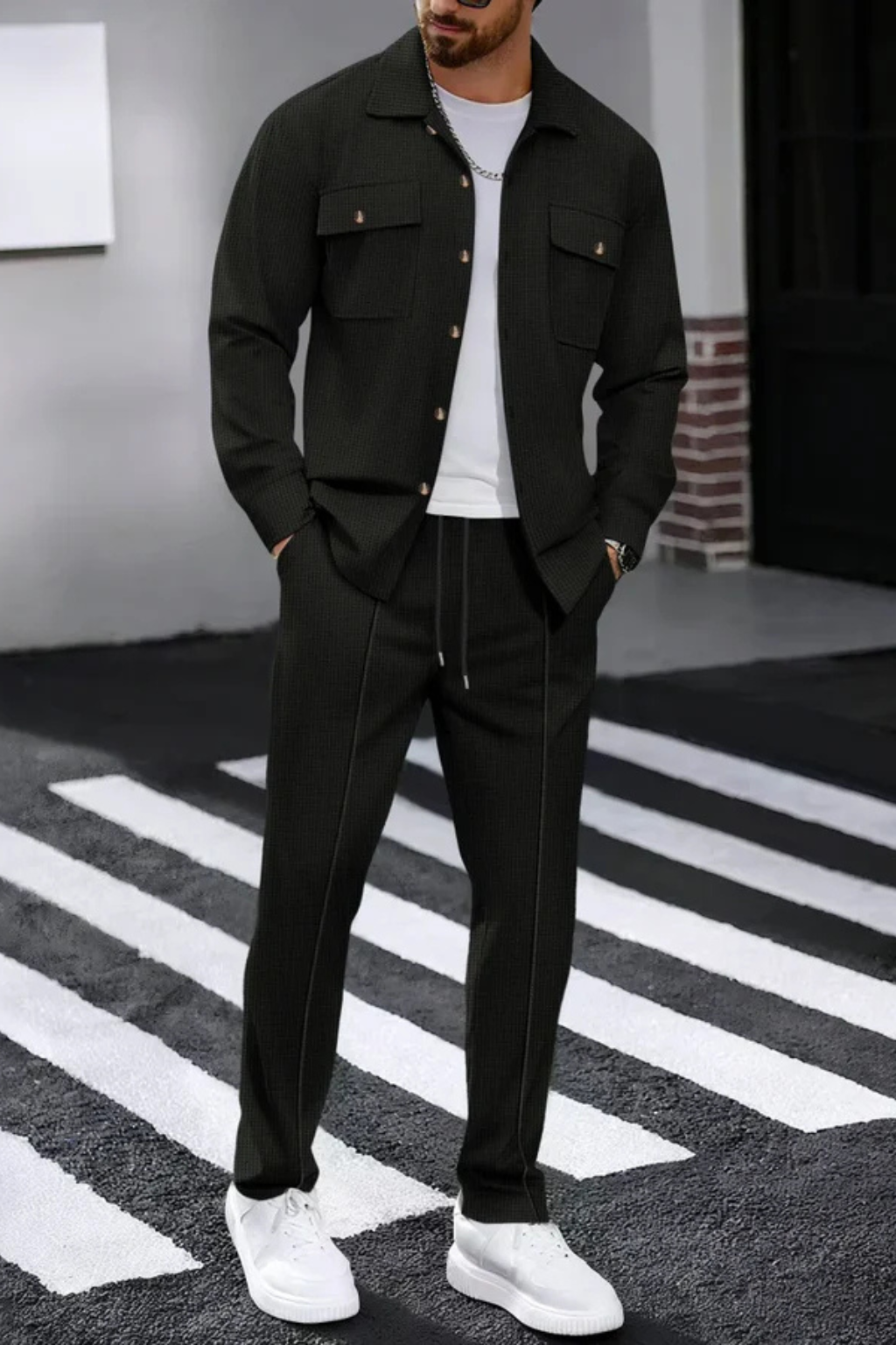 Men's Long Sleeve Overshirt with Chest Pocket and Straight Leg Trousers Set - Casual Style for Everyday Wear