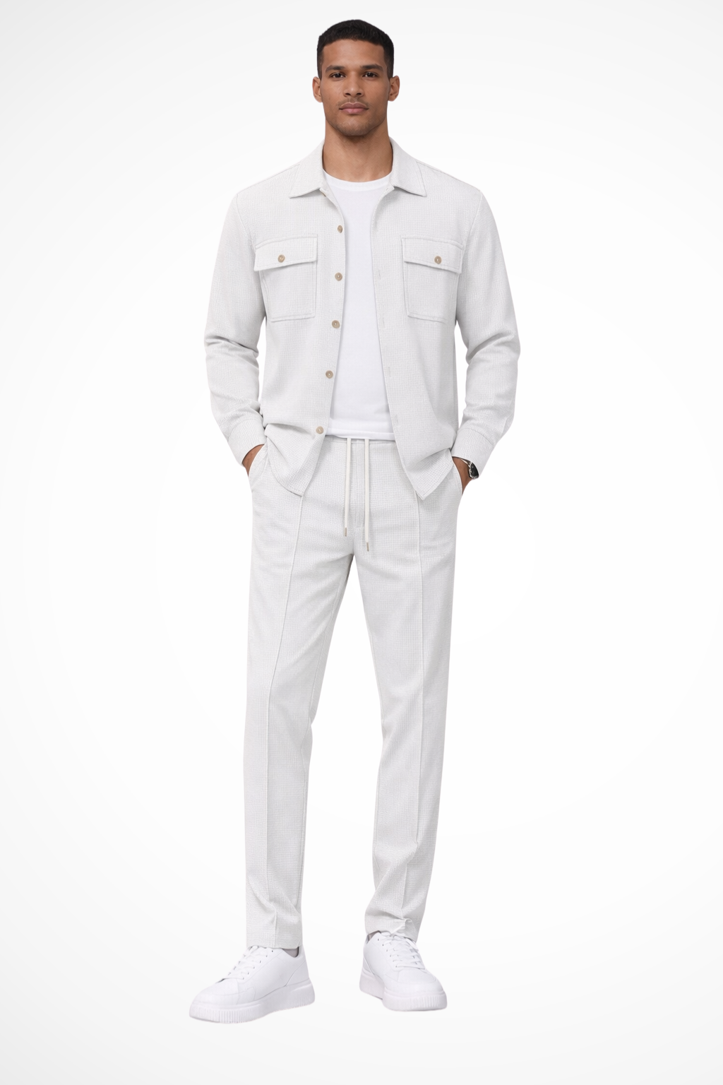 Men's Long Sleeve Overshirt with Chest Pocket and Straight Leg Trousers Set - Casual Style for Everyday Wear