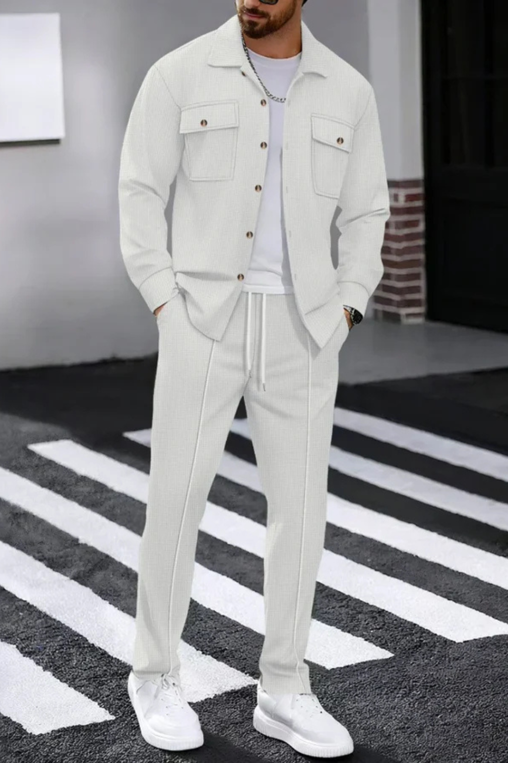 Men's Long Sleeve Overshirt with Chest Pocket and Straight Leg Trousers Set - Casual Style for Everyday Wear