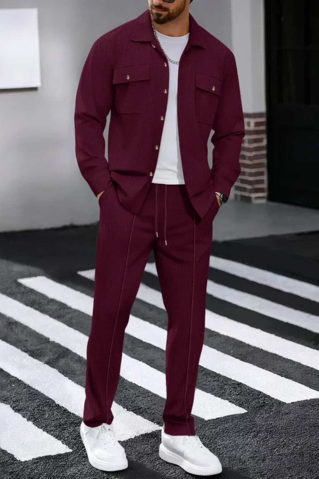 Men's Long Sleeve Overshirt with Chest Pocket and Straight Leg Trousers Set - Casual Style for Everyday Wear