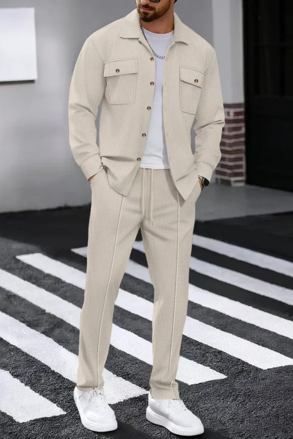 Men's Long Sleeve Overshirt with Chest Pocket and Straight Leg Trousers Set - Casual Style for Everyday Wear