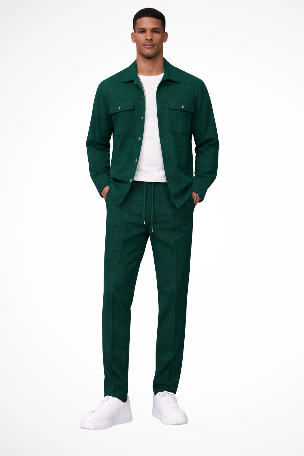 Men's Long Sleeve Overshirt with Chest Pocket and Straight Leg Trousers Set - Casual Style for Everyday Wear