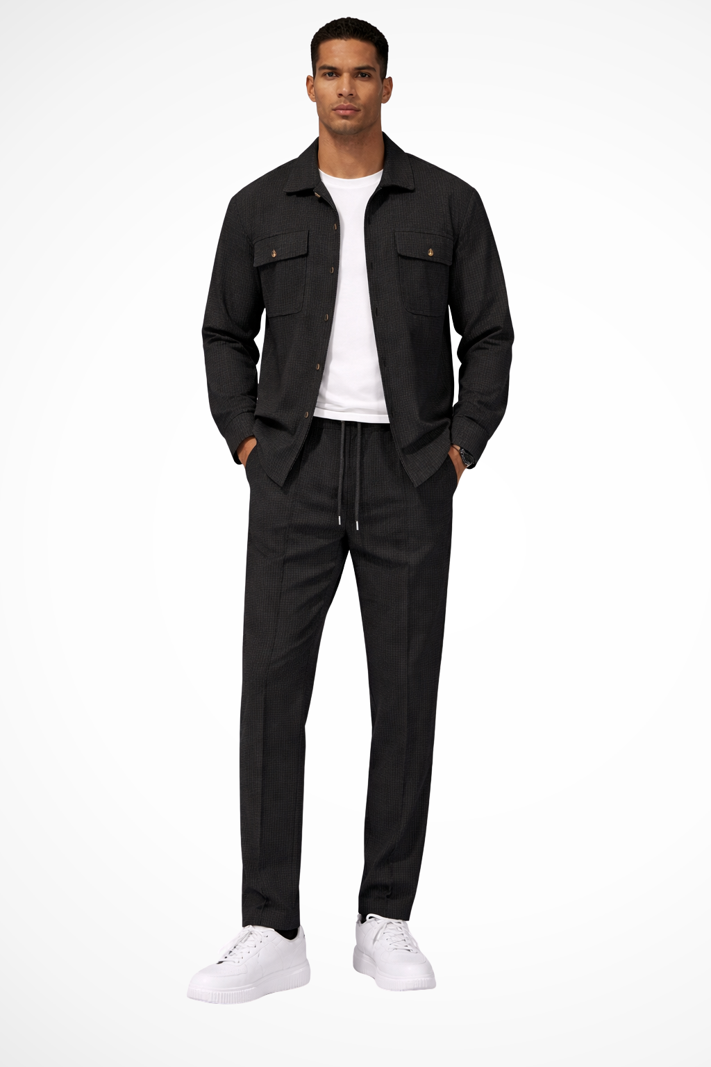 Men's Long Sleeve Overshirt with Chest Pocket and Straight Leg Trousers Set - Casual Style for Everyday Wear