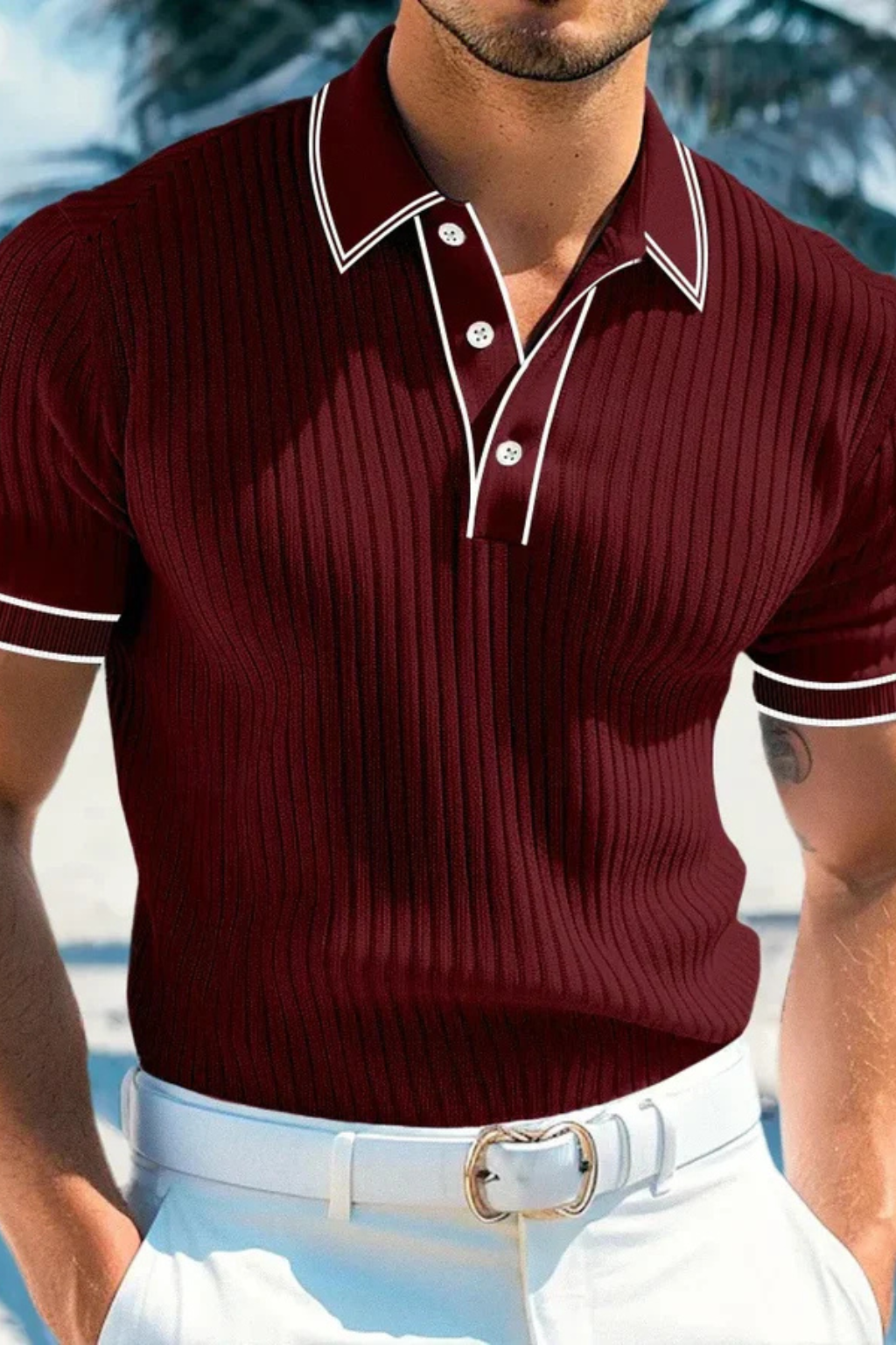 Men's Ribbed Knit Polo Shirt with Contrast Collar - Casual Wear, Comfortable Fit, Versatile Style