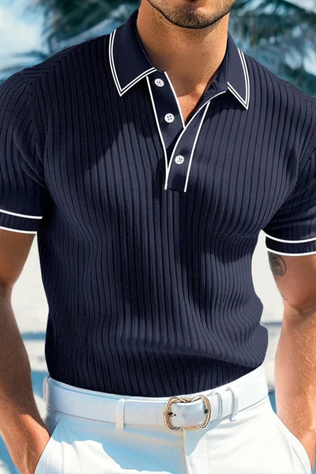 Men's Ribbed Knit Polo Shirt with Contrast Collar - Casual Wear, Comfortable Fit, Versatile Style