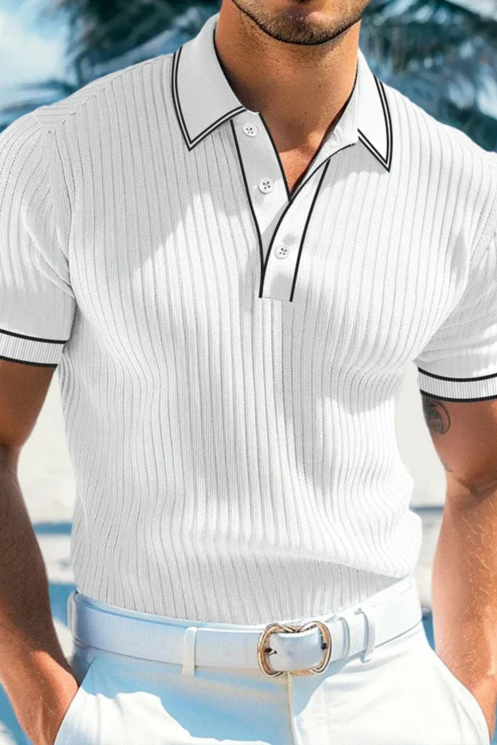Men's Ribbed Knit Polo Shirt with Contrast Collar - Casual Wear, Comfortable Fit, Versatile Style