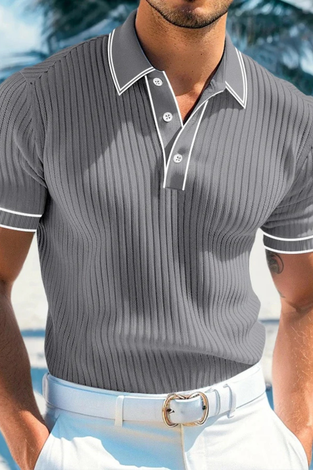 Men's Ribbed Knit Polo Shirt with Contrast Collar - Casual Wear, Comfortable Fit, Versatile Style
