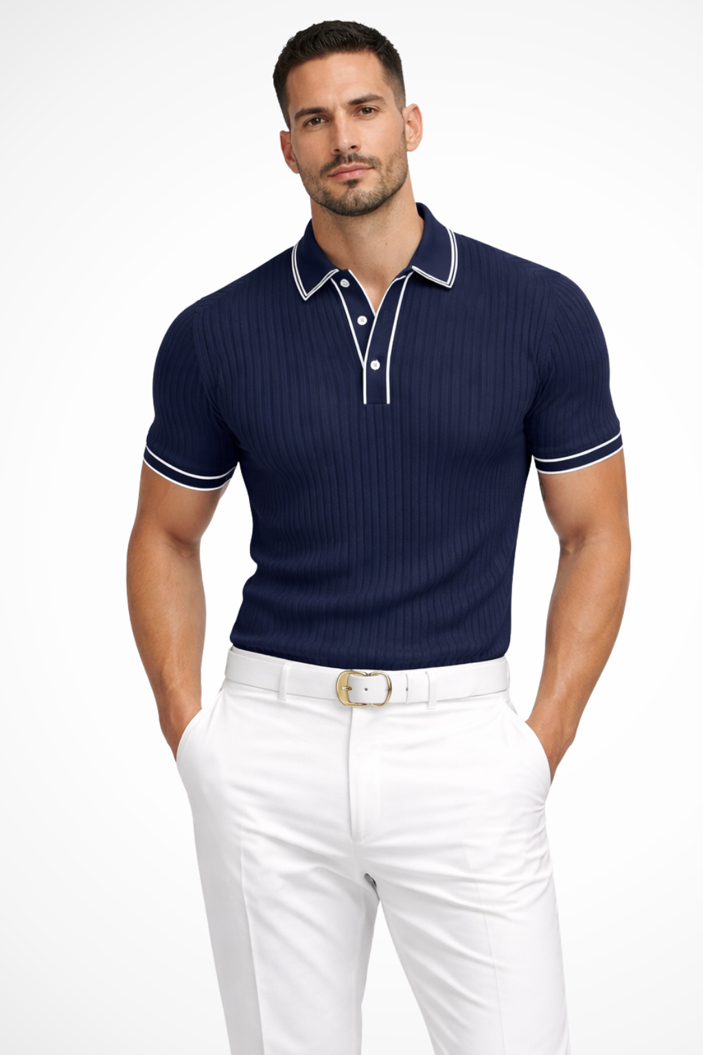 Men's Ribbed Knit Polo Shirt with Contrast Collar - Casual Wear, Comfortable Fit, Versatile Style