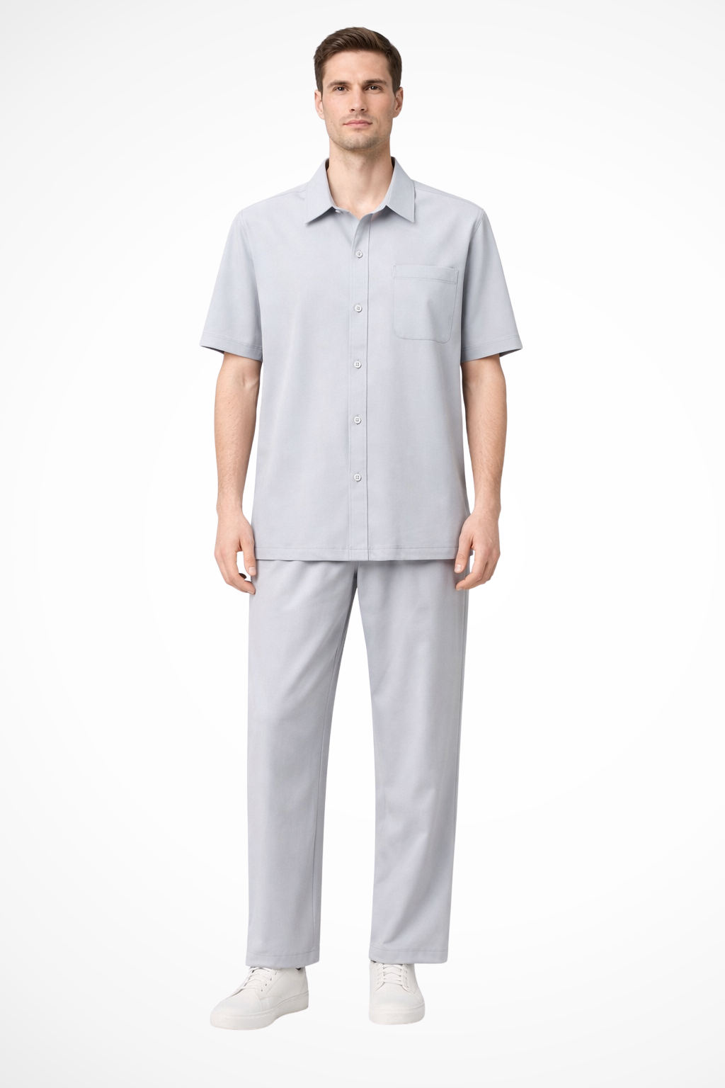 Men's Short Sleeve Button-Up Shirt and Elastic Waist Trousers Set for Casual Wear, Comfortable Fit, Versatile Style