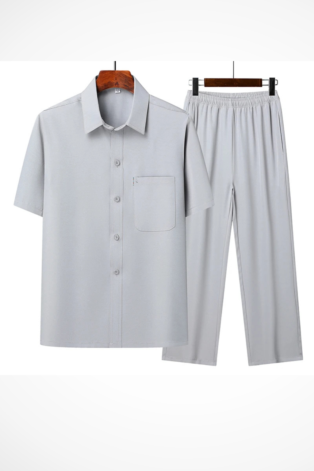 Men's Short Sleeve Button-Up Shirt and Elastic Waist Trousers Set for Casual Wear, Comfortable Fit, Versatile Style