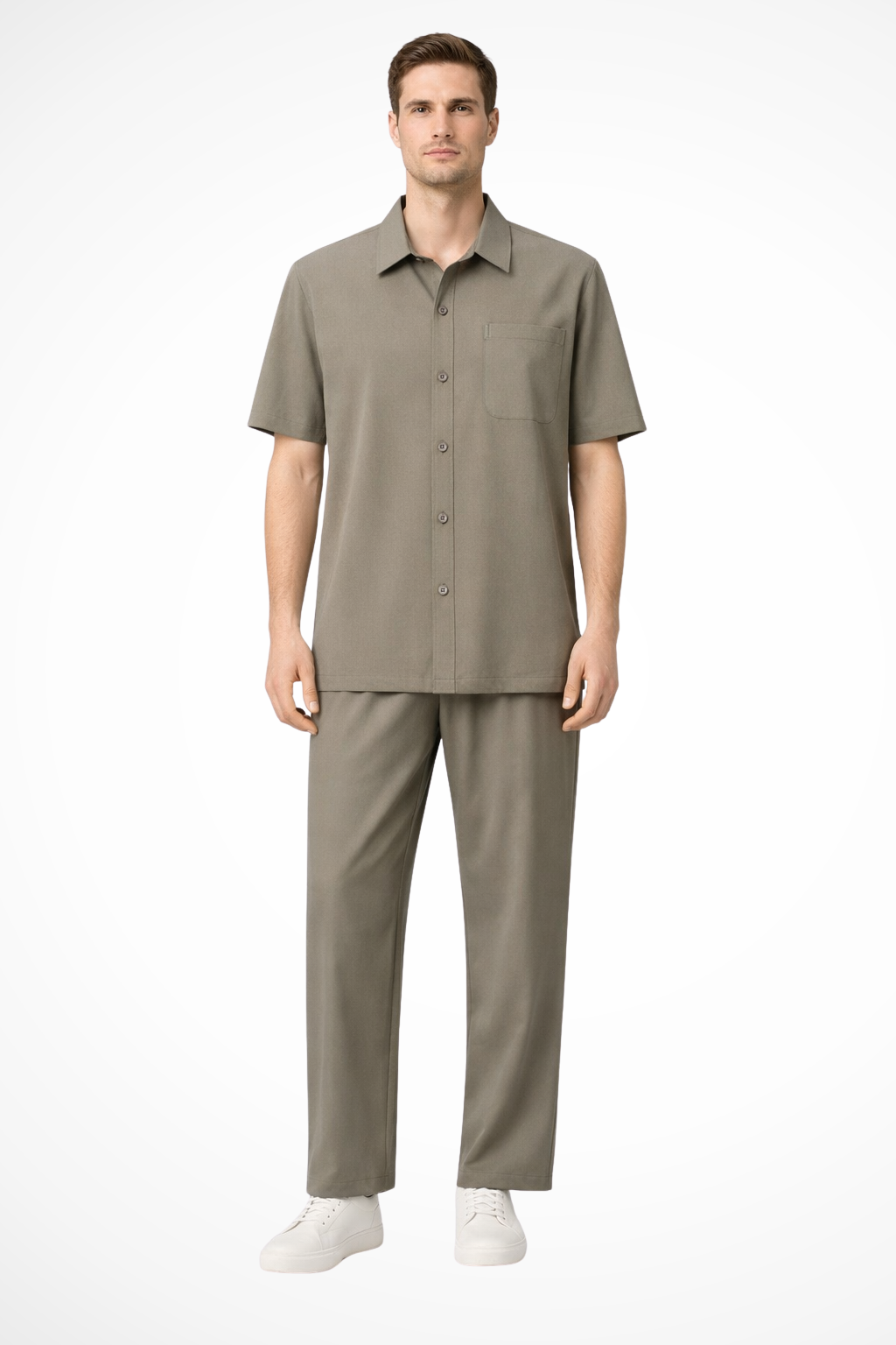 Men's Short Sleeve Button-Up Shirt and Elastic Waist Trousers Set for Casual Wear, Comfortable Fit, Versatile Style