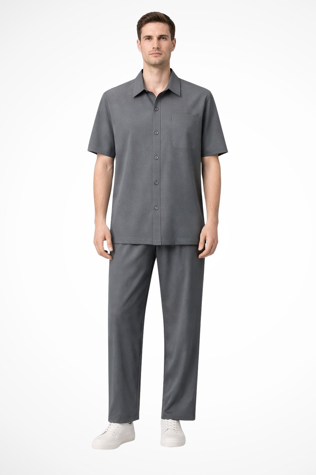 Men's Short Sleeve Button-Up Shirt and Elastic Waist Trousers Set for Casual Wear, Comfortable Fit, Versatile Style