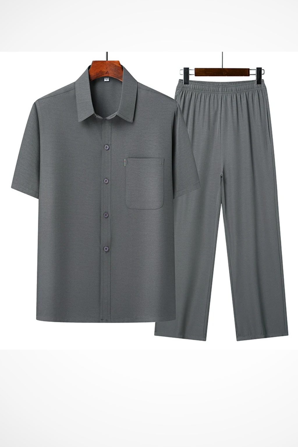 Men's Short Sleeve Button-Up Shirt and Elastic Waist Trousers Set for Casual Wear, Comfortable Fit, Versatile Style