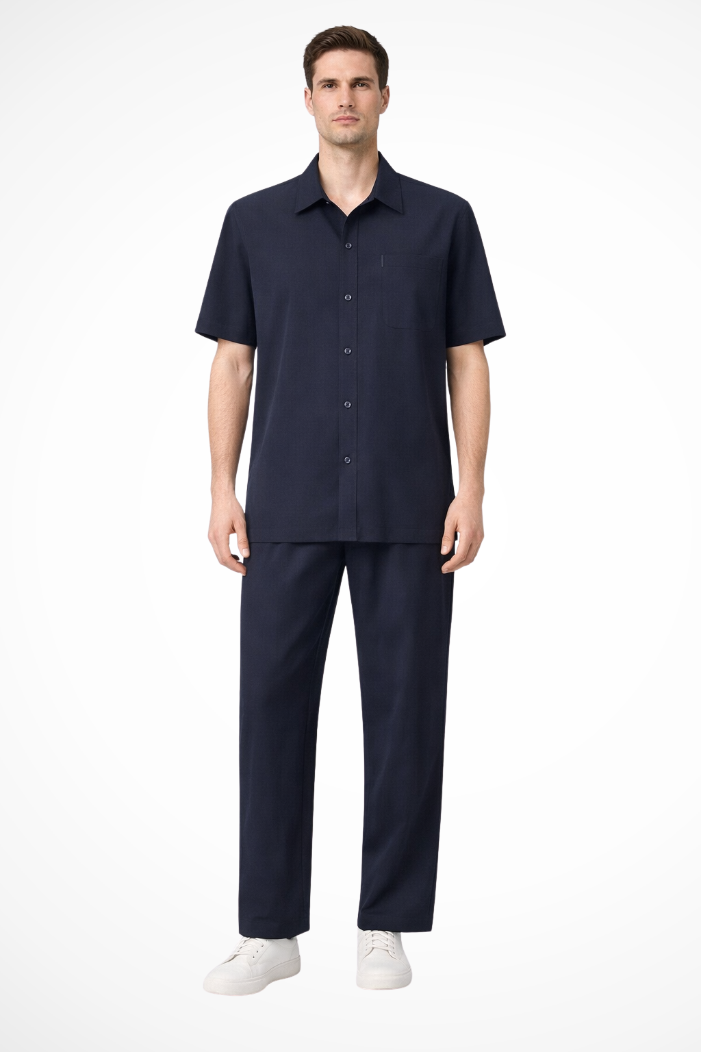 Men's Short Sleeve Button-Up Shirt and Elastic Waist Trousers Set for Casual Wear, Comfortable Fit, Versatile Style
