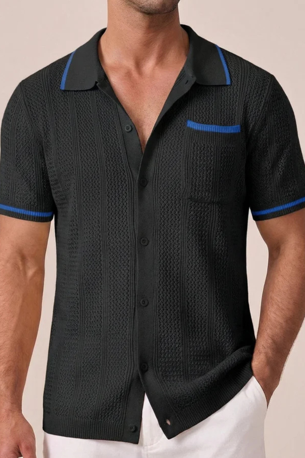 Men's Short Sleeve Camp Collar Knit Shirt - Openwork Design with Contrast Trim for Casual Wear