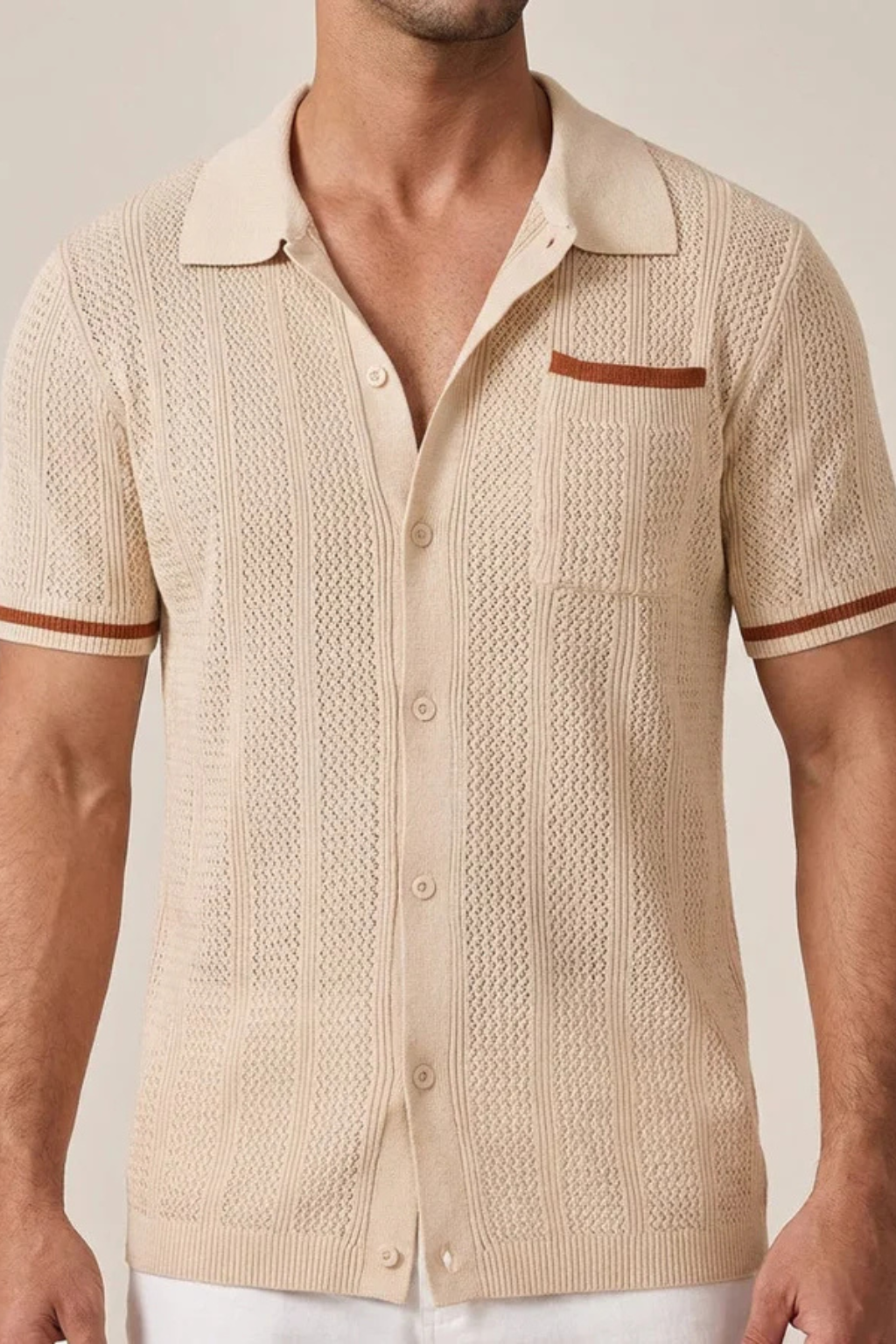 Men's Short Sleeve Camp Collar Knit Shirt - Openwork Design with Contrast Trim for Casual Wear