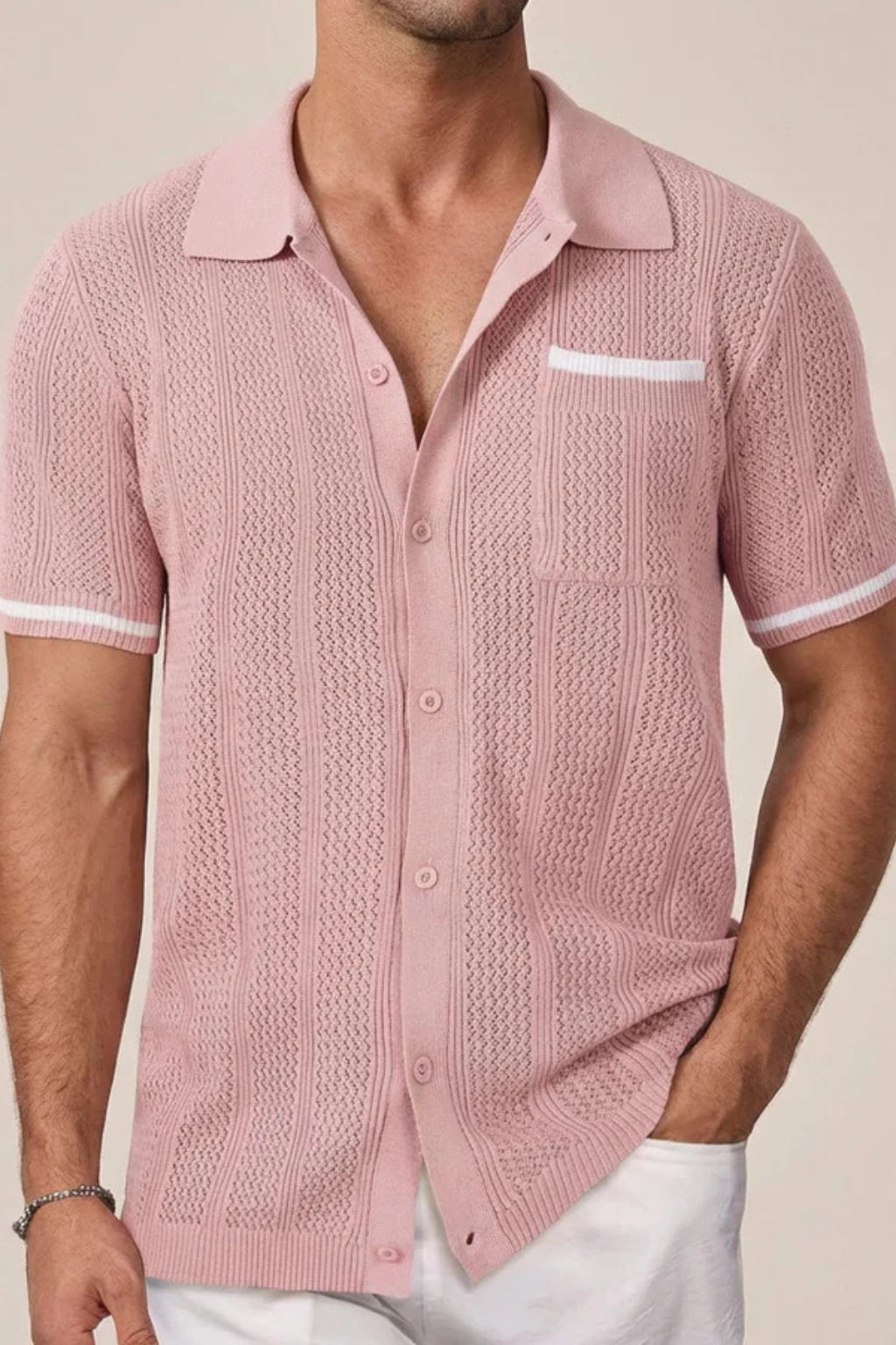 Men's Short Sleeve Camp Collar Knit Shirt - Openwork Design with Contrast Trim for Casual Wear