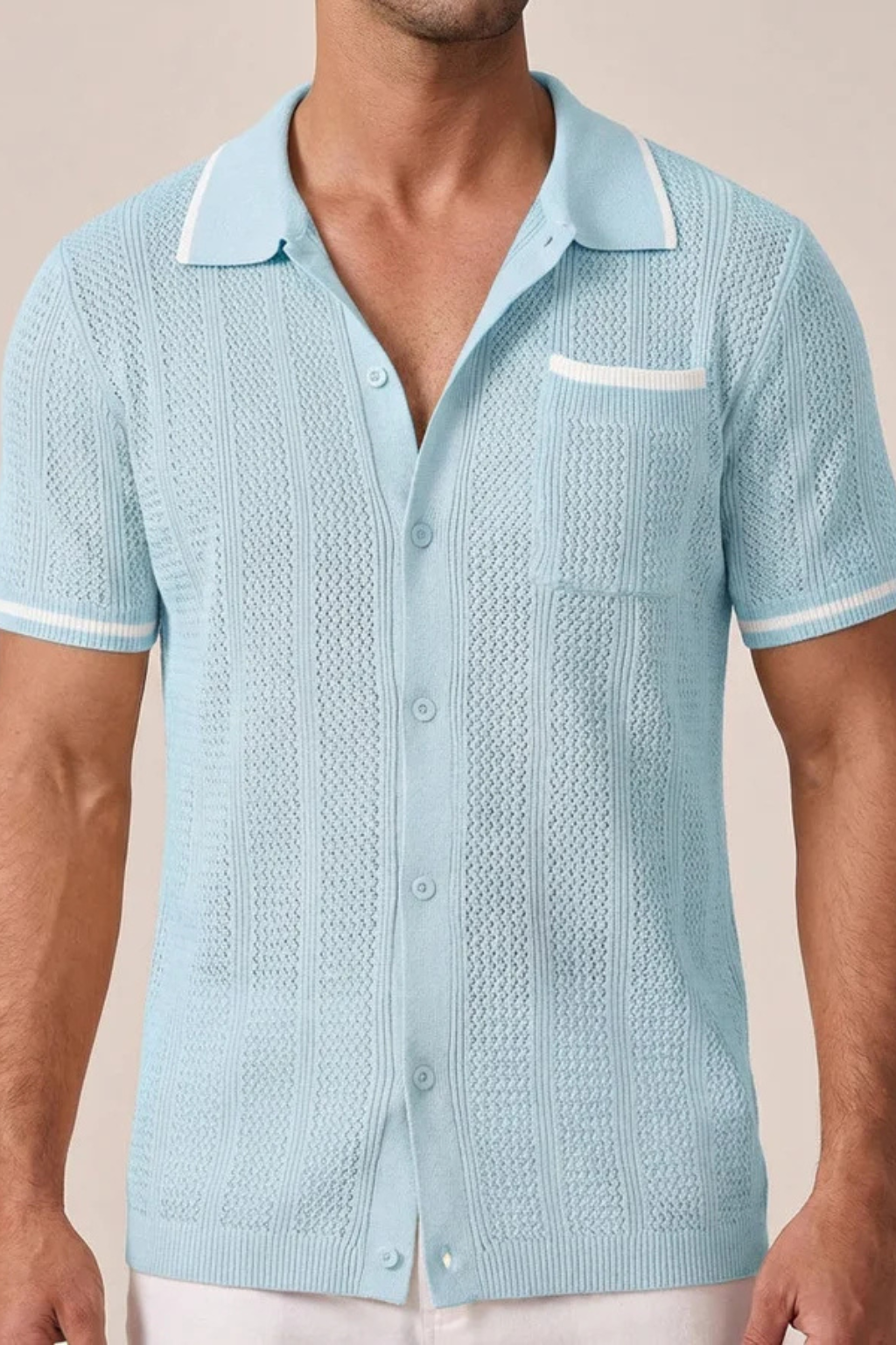 Men's Short Sleeve Camp Collar Knit Shirt - Openwork Design with Contrast Trim for Casual Wear