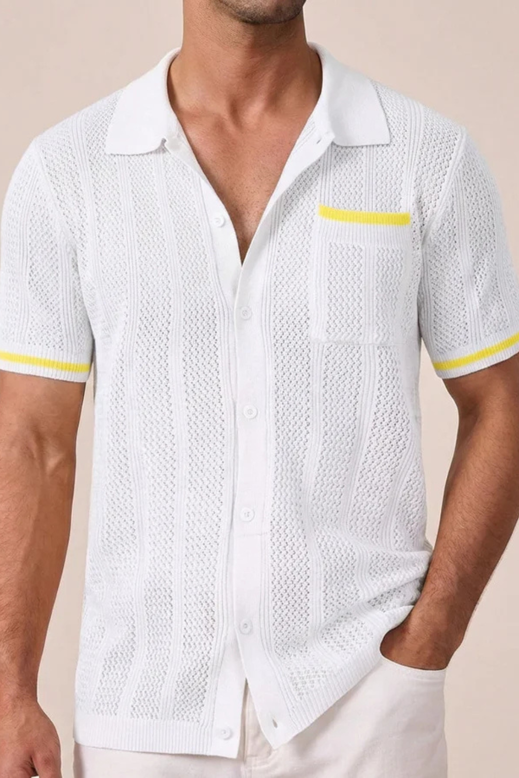 Men's Short Sleeve Camp Collar Knit Shirt - Openwork Design with Contrast Trim for Casual Wear