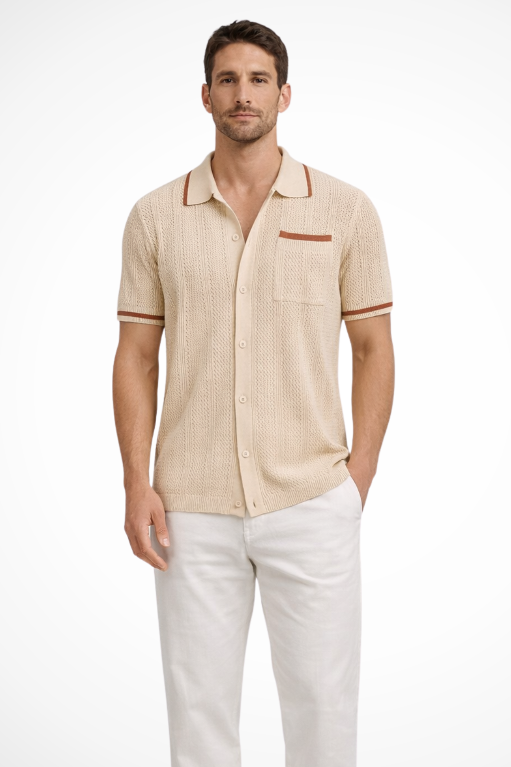 Men's Short Sleeve Camp Collar Knit Shirt - Openwork Design with Contrast Trim for Casual Wear