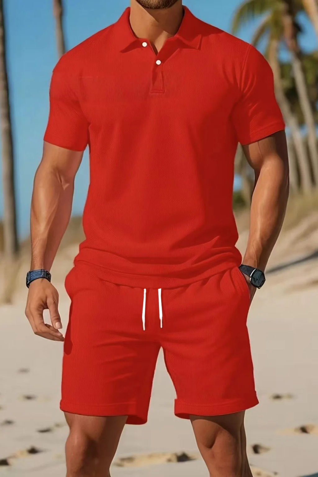 Men's Short Sleeve Polo Shirt and Drawstring Shorts Summer Outfit Set - Casual Cotton Blend for Warm Weather Wear