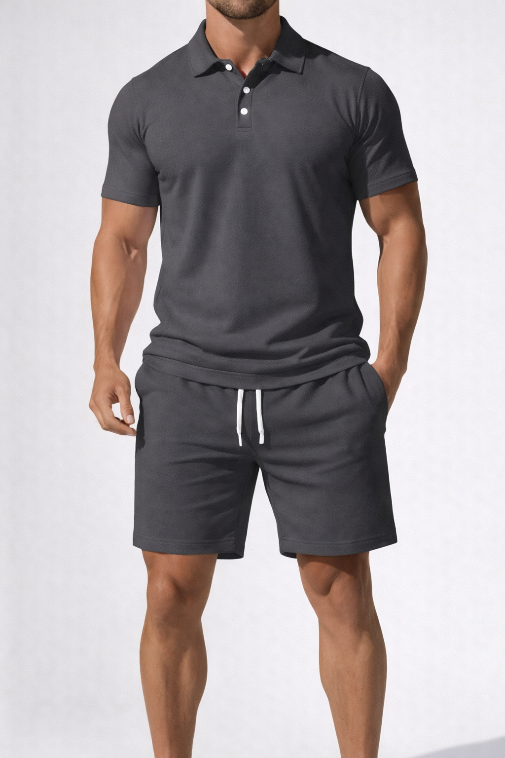Men's Short Sleeve Polo Shirt and Drawstring Shorts Summer Outfit Set - Casual Cotton Blend for Warm Weather Wear