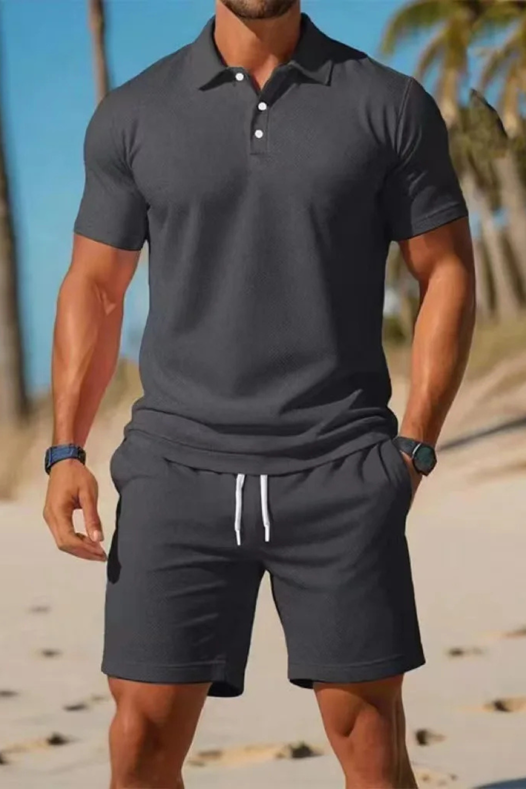 Men's Short Sleeve Polo Shirt and Drawstring Shorts Summer Outfit Set - Casual Cotton Blend for Warm Weather Wear