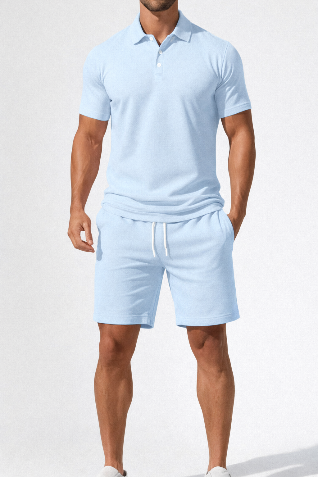 Men's Short Sleeve Polo Shirt and Drawstring Shorts Summer Outfit Set - Casual Cotton Blend for Warm Weather Wear
