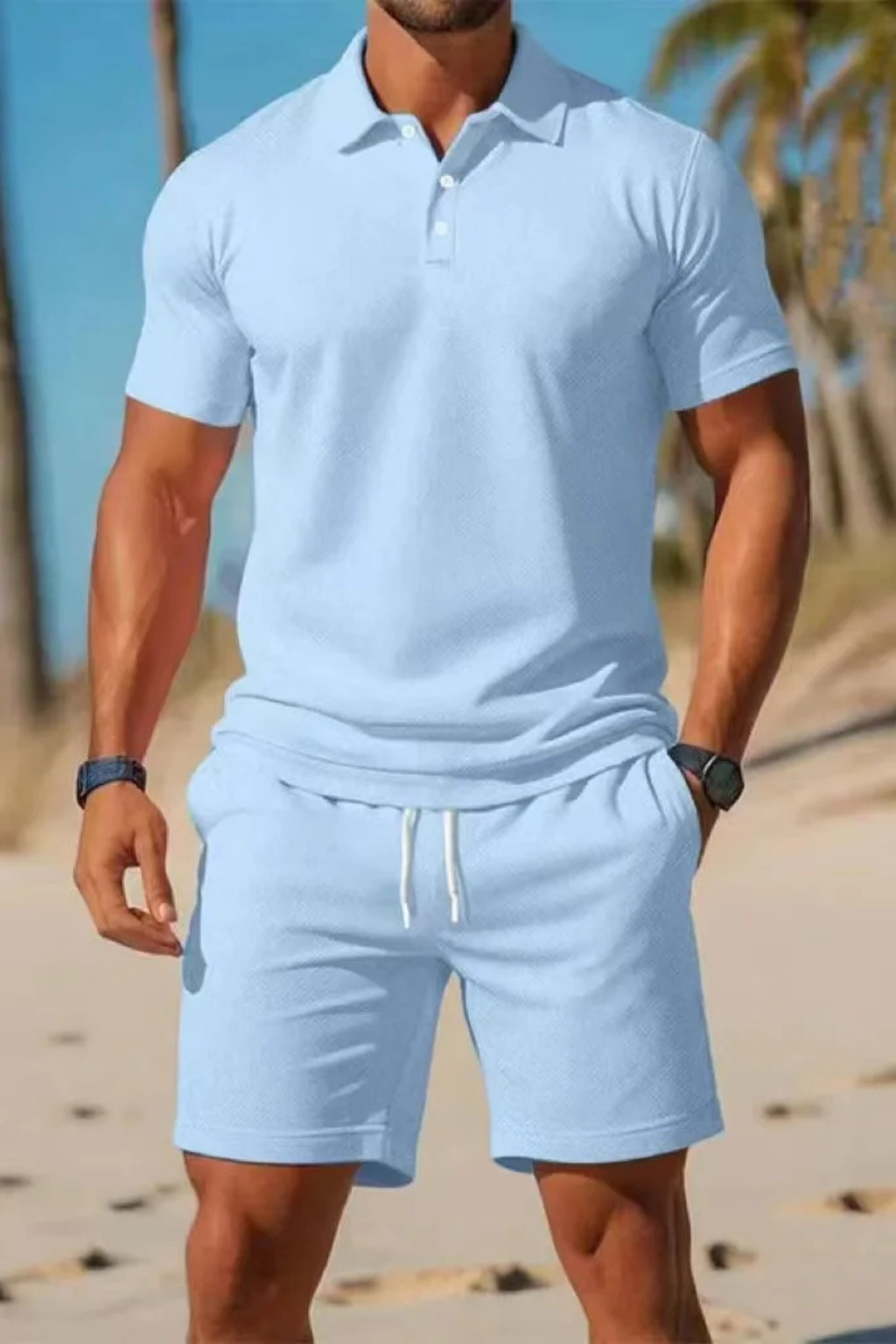 Men's Short Sleeve Polo Shirt and Drawstring Shorts Summer Outfit Set - Casual Cotton Blend for Warm Weather Wear