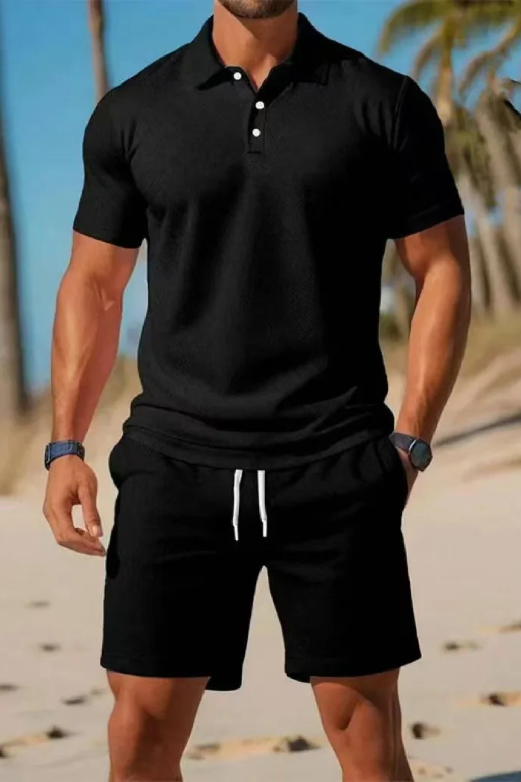 Men's Short Sleeve Polo Shirt and Drawstring Shorts Summer Outfit Set - Casual Cotton Blend for Warm Weather Wear
